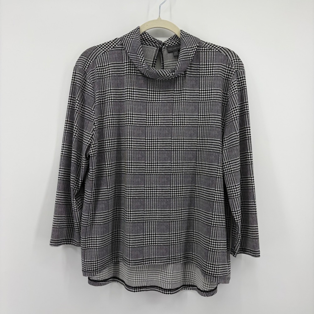 The Limited Women PXL Black White Plaid Cowl Neck Blouse High Low 3/4 Sleeve Top